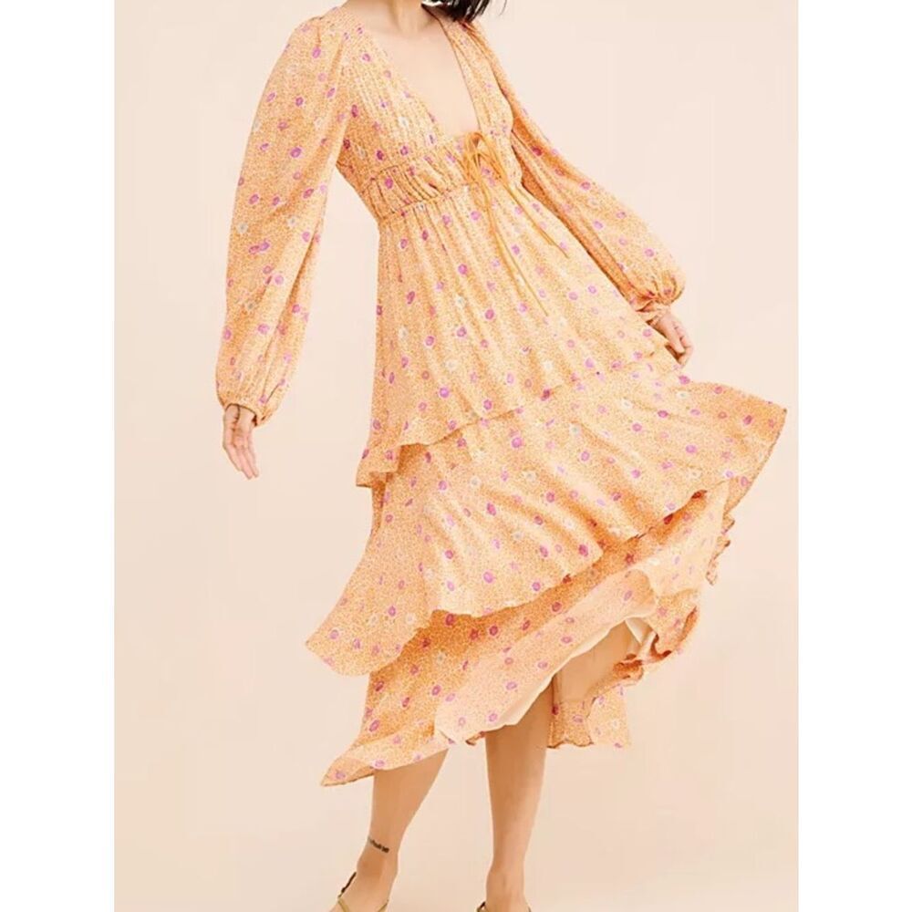 Free People Tried And True Maxi Dress boho floral cottagecore Long-Sleeve Orange